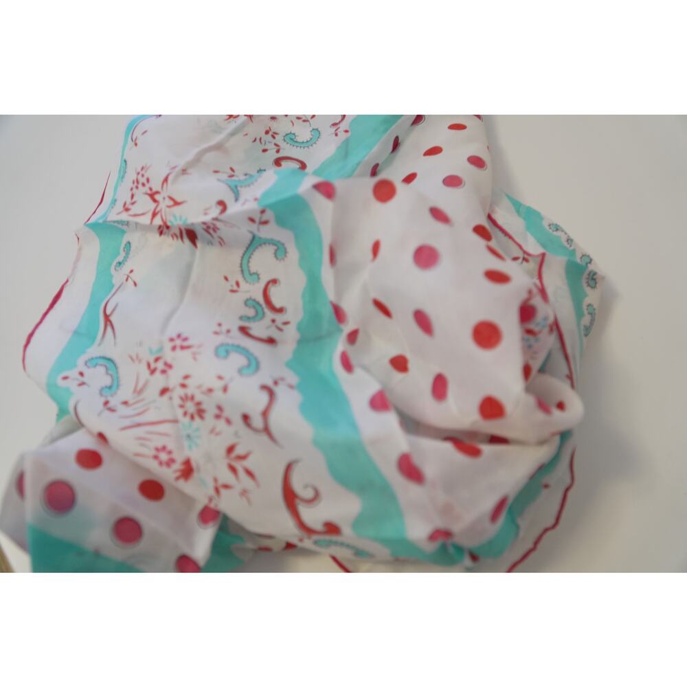 Vintage Giammona Rayon Silk Scarf White Red Polka Dot Blue Floral 30x30 Japan - Picture 7 of 8